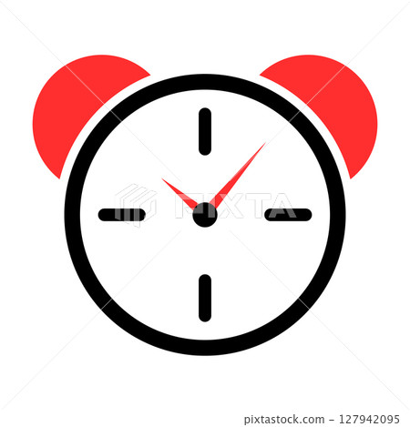 Red Alarm Clock Icon Vector Illustration. This clean and modern vector illustration features a classic alarm clock design with bold, minimalist styling. Red Alarm Clock Icon Vector Illustration. This clean and modern vector illustration features a classic alarm clock design with bold, minimalist styling. 127942095