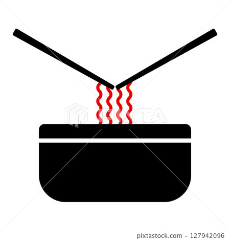 Bowl of Noodles with Chopsticks Minimalist Food Vector Illustration. A bowl filled with red, wavy noodles, with two black chopsticks positioned above as if lifting the noodles. Bowl of Noodles with Chopsticks Minimalist Food Vector Illustration. A bowl filled with red, wavy noodles, with two black chopsticks positioned above as if lifting the noodles. 127942096