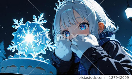 Winter Wonderland Anime Girl with Ice Snowflake and Cake 127942099