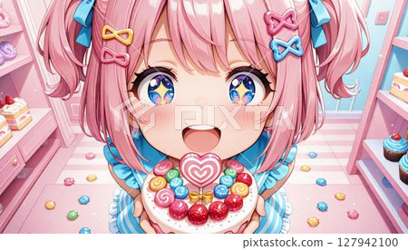Adorable Anime Girl Holding Colorful Birthday Cake 127942100