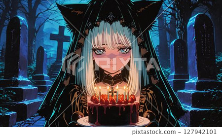 Dark Fantasy Anime Girl with Cake in Spooky Graveyard 127942101