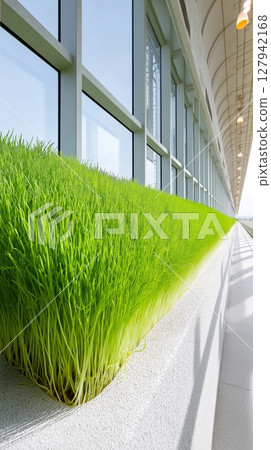 Indoor wheatgrass growing in sunlit modern greenhouse corridor with large windows 127942168