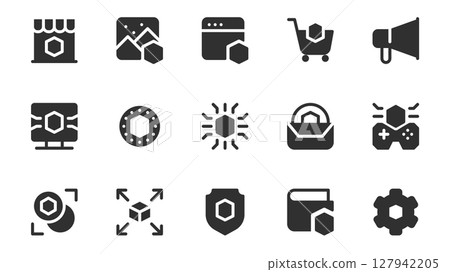 NFT token glyph icons pack for web design. Solid icon set with digital art marketplace, artworks, game, auction buying, cryptocurrency, payment transaction and more pictograms. Vector illustration. 127942205