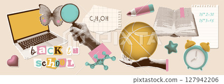 Funny back to school collage elements set. Dotted Halftone hands holding school supplies and stationery - loupe, basketball ball. Modern retro vector illustration 127942206