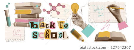 Back to School collage elements set on transparent background with halftone torn out stickers - stack of books, open book, hand writing, pencil and torn paper, evoking excitement for school. Vector Back to School collage elements set on transparent background with halftone torn out stickers - stack of books, open book, hand writing, pencil and torn paper, evoking excitement for school. Vector 127942207
