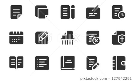 Content edit glyph icons pack for web design. Solid icon set with text, document file, pen writing, article, deadline, calendar, blog, message, social media and more pictograms. Vector illustration. Content edit glyph icons pack for web design. Solid icon set with text, document file, pen writing, article, deadline, calendar, blog, message, social media and more pictograms. Vector illustration. 127942291