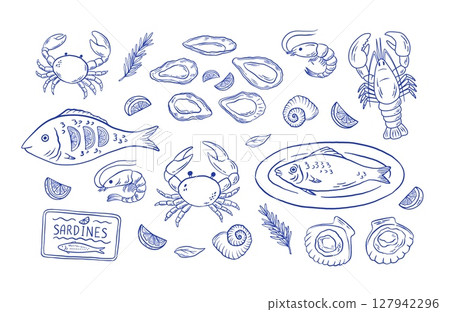 Set of hand draw Mediterranean seafood vector illustration. Oysters, lobster, crab, fish, scallop, sardine, shrimp clipart for menu, for restaurants, markets, shop. La dolce vita Set of hand draw Mediterranean seafood vector illustration. Oysters, lobster, crab, fish, scallop, sardine, shrimp clipart for menu, for restaurants, markets, shop. La dolce vita 127942296