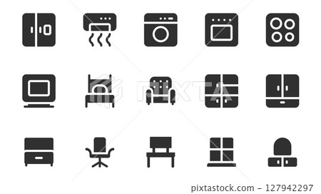 Furniture glyph icons pack for web design. Solid icon set with refrigerator, air conditioner, washing machine, stove, hob, computer, bed, armchair, cabinet and more pictograms. Vector illustration. 127942297
