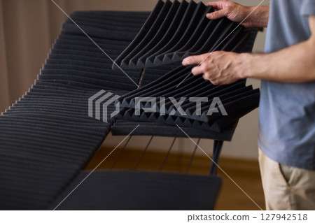 Installation of Acoustic Foam Panels is essential for effective Soundproofing in various settings Installation of Acoustic Foam Panels is essential for effective Soundproofing in various settings 127942518