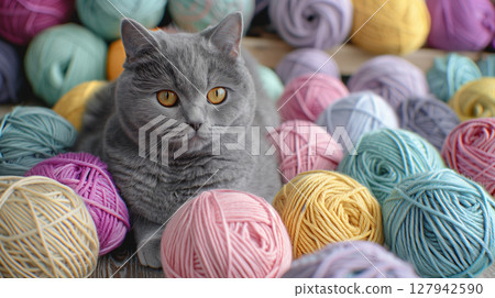 Adorable grey British cat with honey-colored eyes surrounded by colorful yarn balls, set against a softly blurred background 127942590