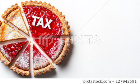 Pie chart illustration with a sliced tart and the word 'Tax' on one part. Concept of tax distribution in income and expenses 127942591