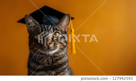 Graduation cap-wearing cat on a vibrant orange backdrop with room for text. Banner for school, university, courses, study offers Graduation cap-wearing cat on a vibrant orange backdrop with room for text. Banner for school, university, courses, study offers 127942593