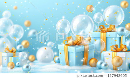 Light blue gift boxes with golden ribbons and bows and white balloons in the light blue festive background 127942605