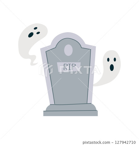 Spooky Halloween vector illustration with a tombstone and two friendly ghosts. Perfect for holiday decorations, greeting cards, party invitations. Spooky Halloween vector illustration with a tombstone and two friendly ghosts. Perfect for holiday decorations, greeting cards, party invitations. 127942710