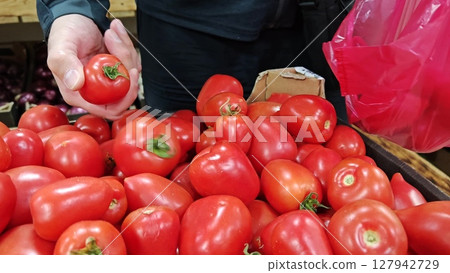 Person selecting tomatoes at Market. Hand selecting tomatoes. Person selecting tomatoes at Market. Hand selecting tomatoes. 127942729