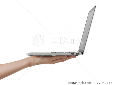 Laptop held in hand isolated on transparent background, sleek modern tech device Laptop held in hand isolated on transparent background, sleek modern tech device 127942757