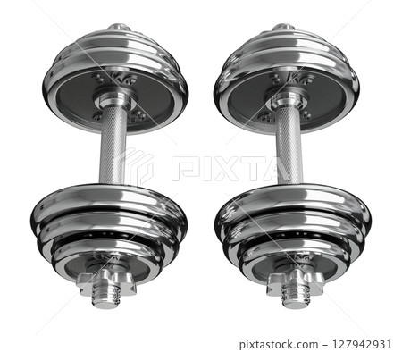 Cast Iron Chrome Adjustable Dumbbells, weightlifting gym equipment, side view Cast Iron Chrome Adjustable Dumbbells, weightlifting gym equipment, side view 127942931