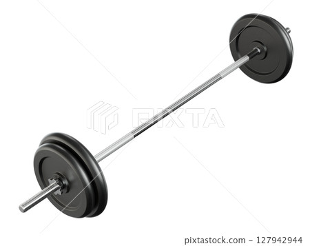 Cast Iron Black Adjustable Barbell, weightlifting gym equipment, side view 127942944
