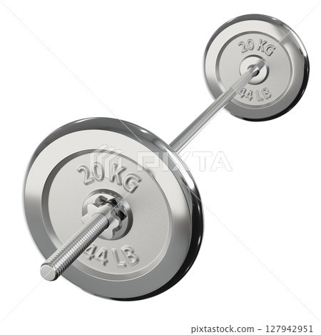 Cast Iron Adjustable Barbell with 20kg or 44lb plates, weightlifting gym equipment, side view Cast Iron Adjustable Barbell with 20kg or 44lb plates, weightlifting gym equipment, side view 127942951