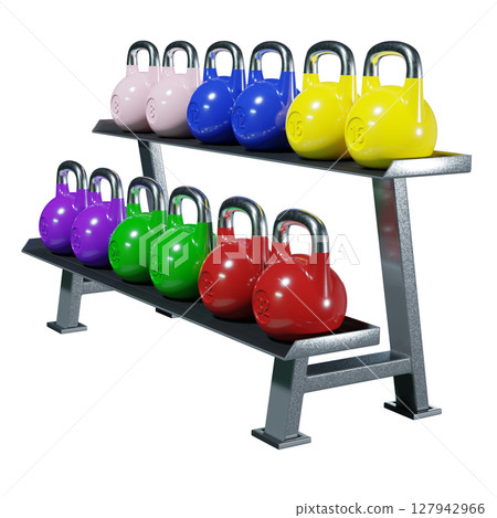 Gym rack with different Olympic kettlebells, cast iron powerlifting equipment Gym rack with different Olympic kettlebells, cast iron powerlifting equipment 127942966