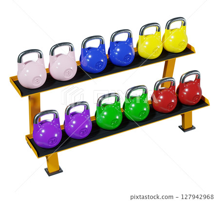 Gym rack with different Olympic kettlebells, cast iron powerlifting equipment Gym rack with different Olympic kettlebells, cast iron powerlifting equipment 127942968
