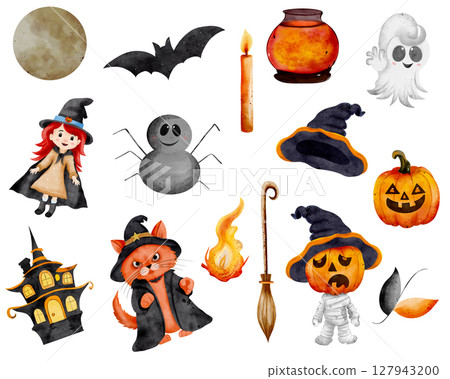 Watercolor clipart set for Halloween. Includes yellow moon, bat, candle, potion cauldron, friendly ghost, zombie and fire and other elements. Hand drawn on a white background. 127943200