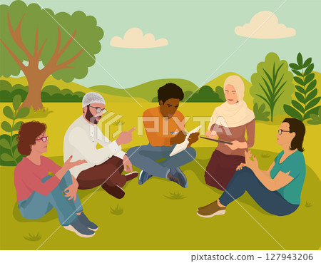 Diverse people collaborating outdoors in casual setting showing teamwork unity and inclusion 127943206