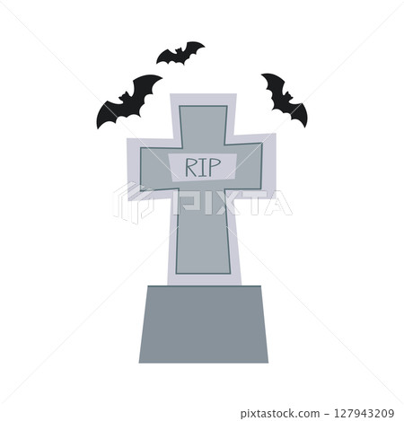 A cute illustration of a tombstone in a shape of a cross with bats flying above it. Perfect for Halloween themed designs, spooky posters, invitations and seasonal decorations A cute illustration of a tombstone in a shape of a cross with bats flying above it. Perfect for Halloween themed designs, spooky posters, invitations and seasonal decorations 127943209