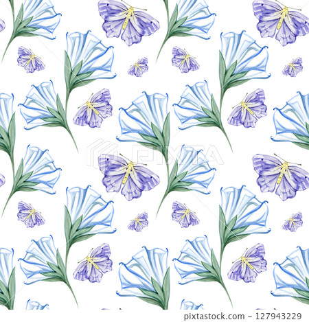 Seamless pattern watercolor moon flowers leaves moth night butterfly hand drawn illustration. Painted floral elements. Botanical natural objects. Fabric, print. 127943229