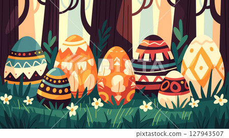 Colorful Easter Eggs in a Forest Setting Colorful Easter Eggs in a Forest Setting 127943507