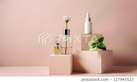 Elegant Skincare Bottles with White Flowers on Soft Pink Background 127943522