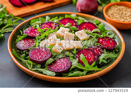 Fresh arugula and beet salad with cheese cubes served on a rustic table at a cozy dining setting 127943529