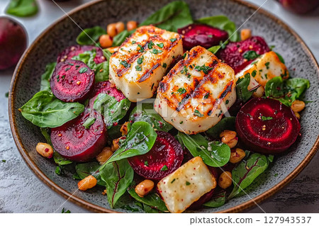 Grilled halloumi salad with beets and nuts served in a rustic bowl on a dark surface 127943537
