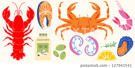 Seafood set. Lobster, fish, shrimp, crab, octopus.  Mediterranean cuisine. 127943541
