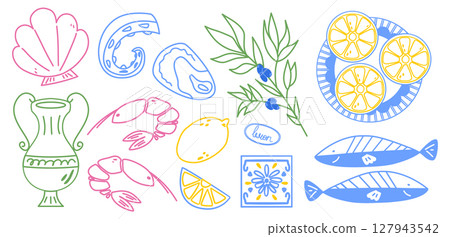 Mediterranean food and elements sketches. Hand drawn greek and italian illustrations. Mediterranean seafood, olive oil, lemon. Mediterranean food and elements sketches. Hand drawn greek and italian illustrations. Mediterranean seafood, olive oil, lemon. 127943542