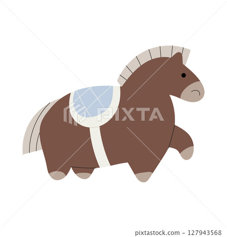 An illustration of a cute fun looking horse with a blue saddle. An illustration of a cute fun looking horse with a blue saddle. 127943568