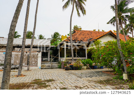 Weathered Colonial House with Palm Trees and Overgrowth in Mui Ne, Vietnam Weathered Colonial House with Palm Trees and Overgrowth in Mui Ne, Vietnam 127943625