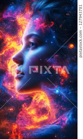 Dreamy double exposure of a woman face blending seamlessly with a swirling space nebula. Swirling galaxies and cosmic clouds create a surreal, infinite connection to the cosmos, banner 127943781