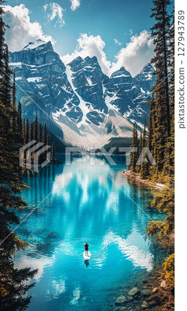 Dreamy double exposure of a woman face blending seamlessly with a swirling space nebula. Swirling galaxies and cosmic clouds create a surreal, infinite connection to the cosmos, banner 127943789