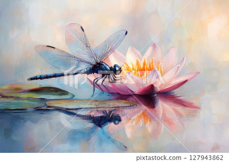 Delicate dragonfly flying above a blooming water lily. Soft brushstrokes highlight the elegance and peaceful serenity of nature harmony 127943862