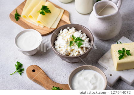 Dairy products. Milk, cottage cheese, cream, butter and yogurt 127944072