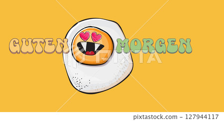 Guten morgen Good Morning in German quote with cute egg character and groovy retro text isolated on pink background. Vector Guten morgen funny slogan and morning cute fried egg. Banner, poster 127944117