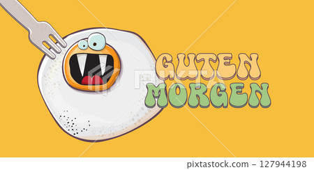 Guten morgen Good Morning in German quote with cute egg character and groovy retro text isolated on pink background. Vector Guten morgen funny slogan and morning cute fried egg. Banner, poster 127944198