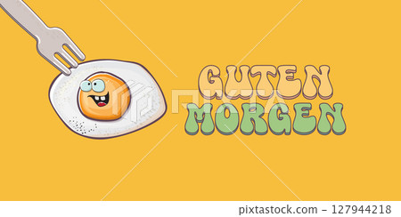 Guten morgen Good Morning in German quote with cute egg character and groovy retro text isolated on pink background. Vector Guten morgen funny slogan and morning cute fried egg. Banner, poster Guten morgen Good Morning in German quote with cute egg character and groovy retro text isolated on pink background. Vector Guten morgen funny slogan and morning cute fried egg. Banner, poster 127944218