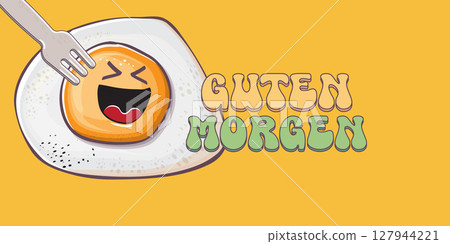 Guten morgen Good Morning in German quote with cute egg character and groovy retro text isolated on pink background. Vector Guten morgen funny slogan and morning cute fried egg. Banner, poster 127944221