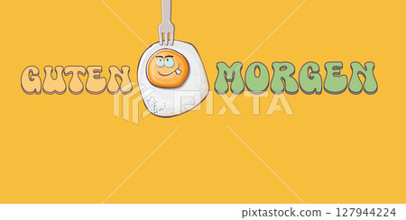 Guten morgen Good Morning in German quote with cute egg character and groovy retro text isolated on pink background. Vector Guten morgen funny slogan and morning cute fried egg. Banner, poster 127944224