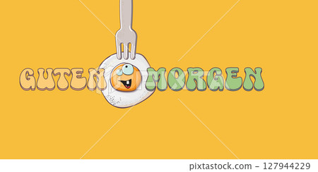 Guten morgen Good Morning in German quote with cute egg character and groovy retro text isolated on pink background. Vector Guten morgen funny slogan and morning cute fried egg. Banner, poster Guten morgen Good Morning in German quote with cute egg character and groovy retro text isolated on pink background. Vector Guten morgen funny slogan and morning cute fried egg. Banner, poster 127944229