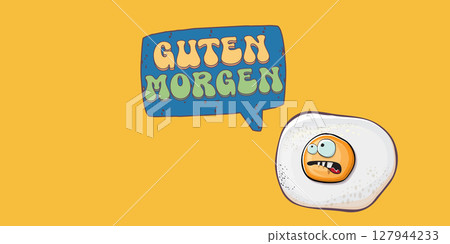 Guten morgen Good Morning in German quote with cute egg character and groovy retro text isolated on pink background. Vector Guten morgen funny slogan and morning cute fried egg. Banner, poster 127944233