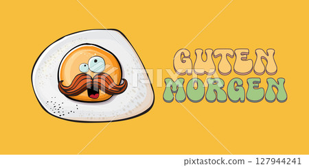 Guten morgen Good Morning in German quote with cute egg character and groovy retro text isolated on pink background. Vector Guten morgen funny slogan and morning cute fried egg. Banner, poster 127944241