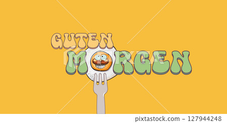 Guten morgen Good Morning in German quote with cute egg character and groovy retro text isolated on pink background. Vector Guten morgen funny slogan and morning cute fried egg. Banner, poster Guten morgen Good Morning in German quote with cute egg character and groovy retro text isolated on pink background. Vector Guten morgen funny slogan and morning cute fried egg. Banner, poster 127944248